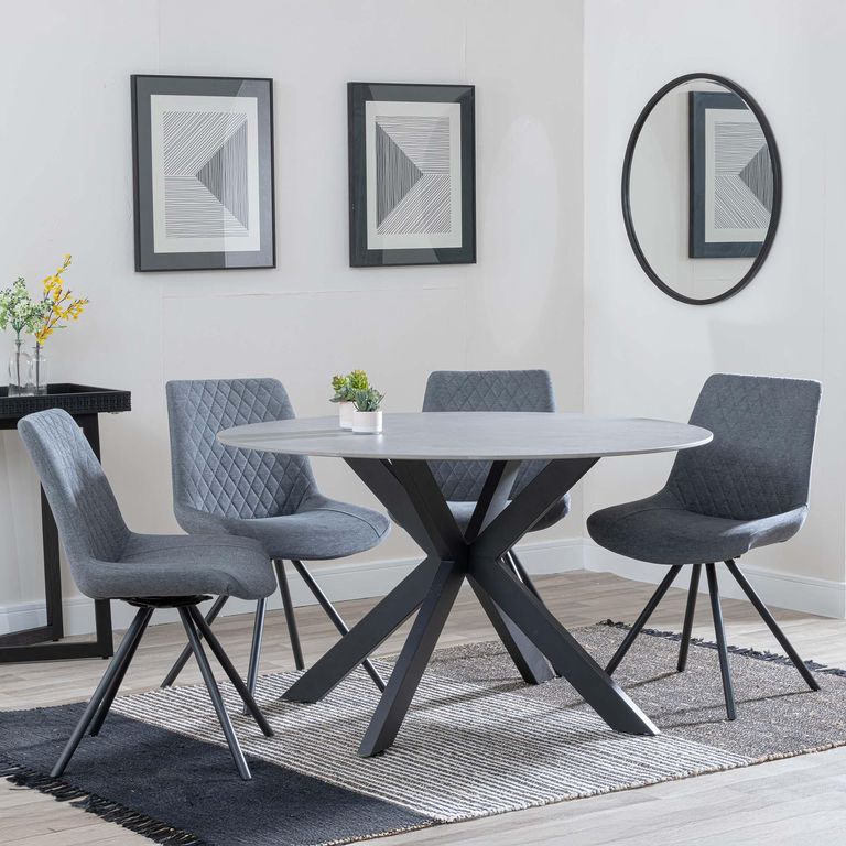Novara Dining Set - 4 Seater - 130cm - Round - Grey Ceramic - 4x Boden Dining Chairs - Grey Fabric - Swivel