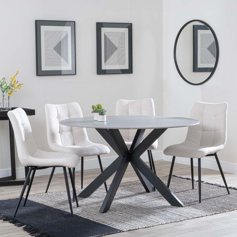 Novara Dining Set - 4 Seater - 130cm - Round - Grey Ceramic - 4x Corona Dining Chairs - Beige Fabric