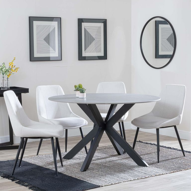Novara Dining Set - 4 Seater - 130cm - Round - Grey Ceramic - 4x Darwin Dining Chairs - Cream Fabric