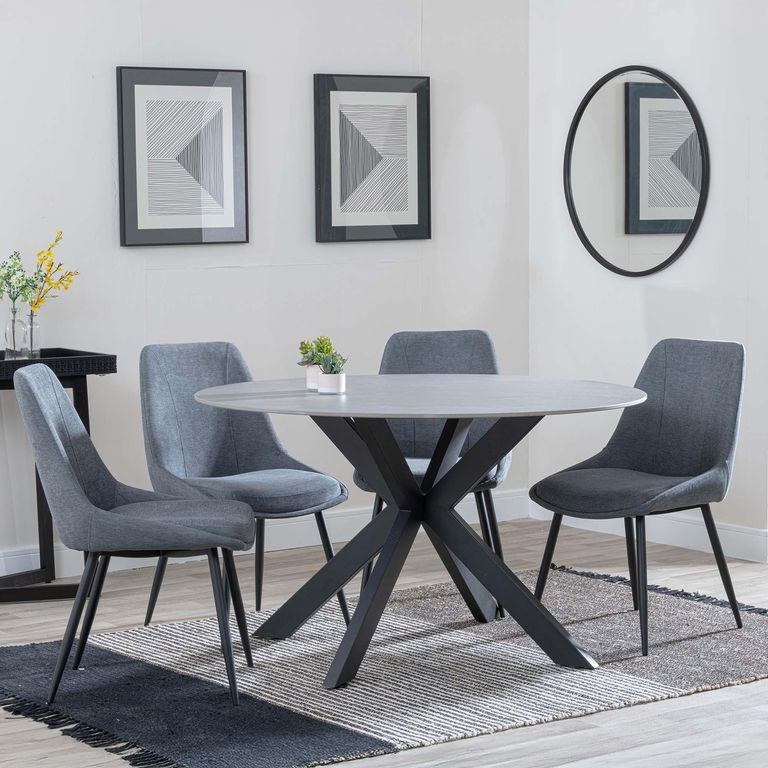 Novara Dining Set - 4 Seater - 130cm - Round - Grey Ceramic - 4x Darwin Dining Chairs - Grey Fabric