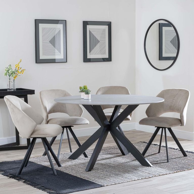 Novara Dining Set - 4 Seater - 130cm - Round - Grey Ceramic - 4x Ion Dining Chairs - Beige Velvet Fabric - Swivel