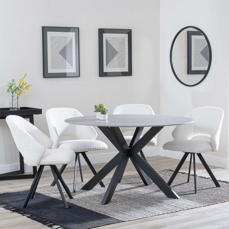 Novara Dining Set - 4 Seater - 130cm - Round - Grey Ceramic - 4x Ion Dining Chairs - Cream Boucle Teddy Fabric - Swivel