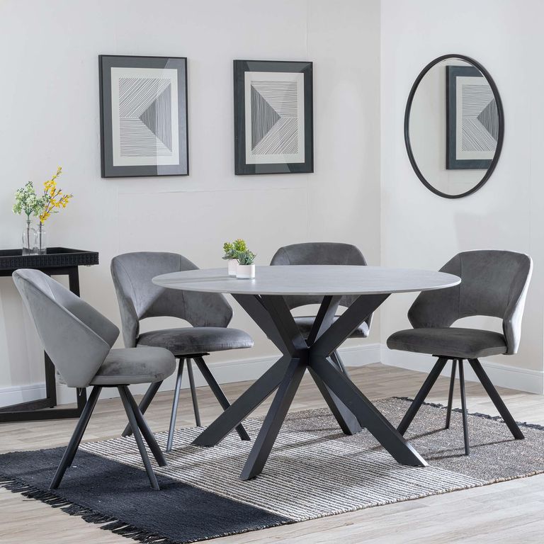 Novara Dining Set - 4 Seater - 130cm - Round - Grey Ceramic - 4x Ion Dining Chairs - Dark Grey Velvet Fabric - Swivel