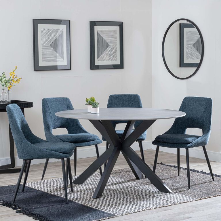 Novara Dining Set - 4 Seater - 130cm - Round - Grey Ceramic - 4x Peyton Dining Chairs - Blue Fabric