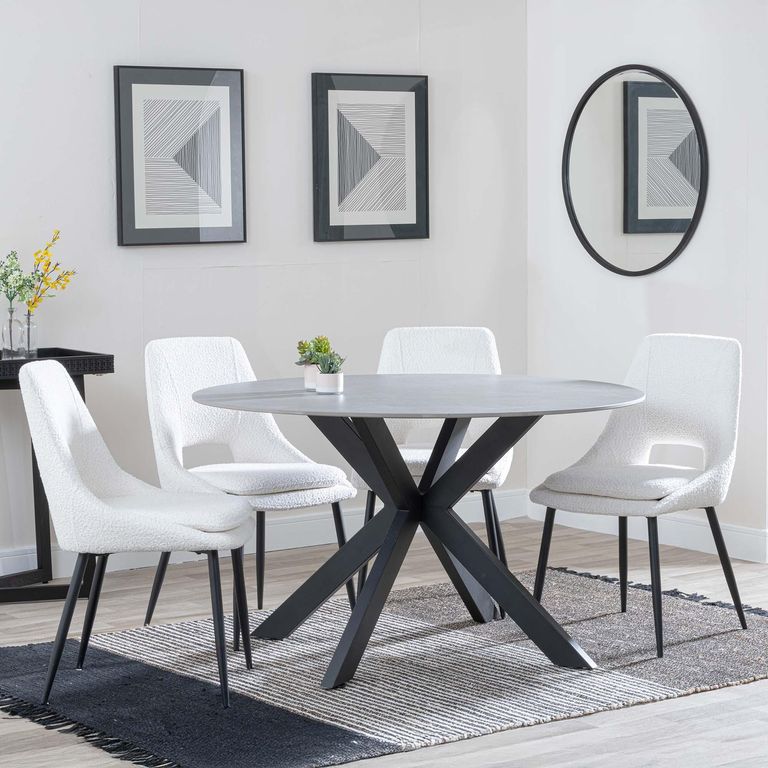 Novara Dining Set - 4 Seater - 130cm - Round - Grey Ceramic - 4x Peyton Dining Chairs - Cream Fabric