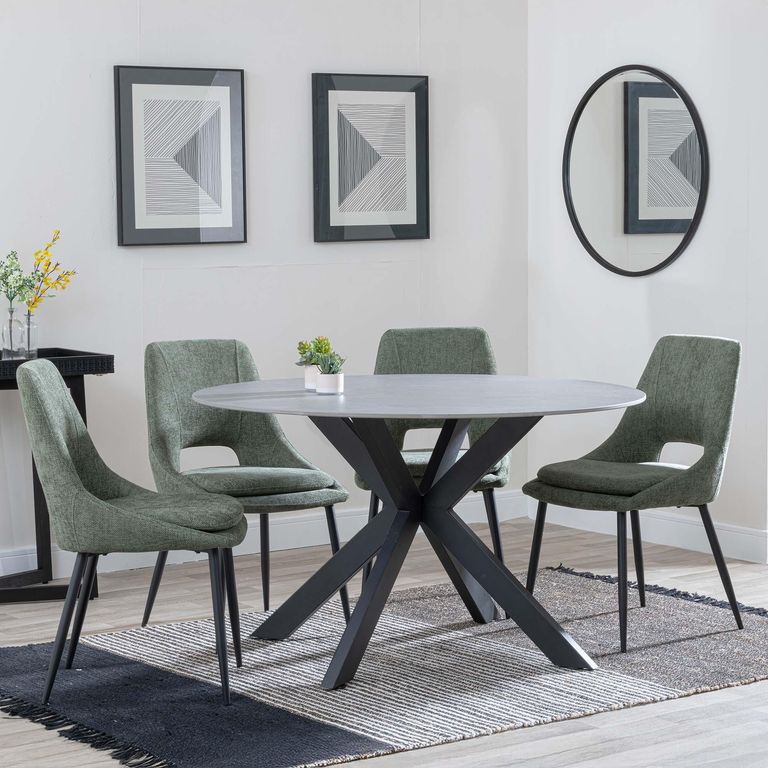 Novara Dining Set - 4 Seater - 130cm - Round - Grey Ceramic - 4x Peyton Dining Chairs - Green Fabric