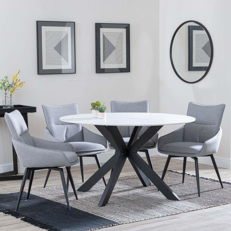 Novara White Ceramic 4 Seater Round Dining Set - 4 Ace Grey Fabric Swivel Dining Chair