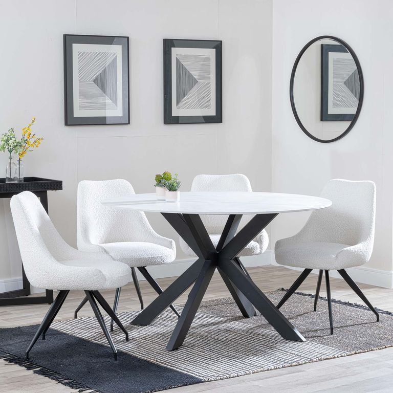 Novara White Ceramic 4 Seater Round Dining Set - 4 Arctic Cream Velvet Fabric Swivel Dining Chair