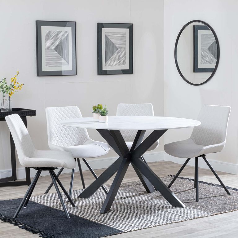 Novara White Ceramic 4 Seater Round Dining Set - 4 Boden Cream Fabric Swivel Dining Chair