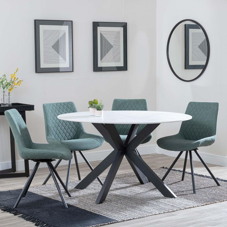 Novara White Ceramic 4 Seater Round Dining Set - 4 Boden Green Fabric Swivel Dining Chair