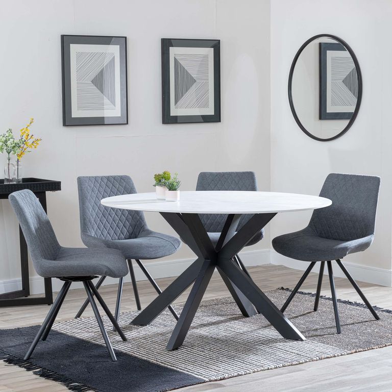 Novara White Ceramic 4 Seater Round Dining Set - 4 Boden Grey Fabric Swivel Dining Chair