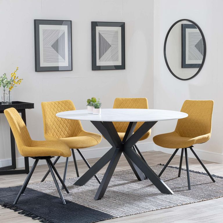 Novara White Ceramic 4 Seater Round Dining Set - 4 Boden Yellow Fabric Swivel Dining Chair