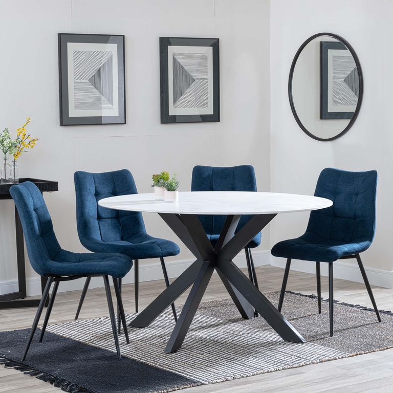 Novara White Ceramic 4 Seater Round Dining Set - 4 Corona Blue Fabric Dining Chair