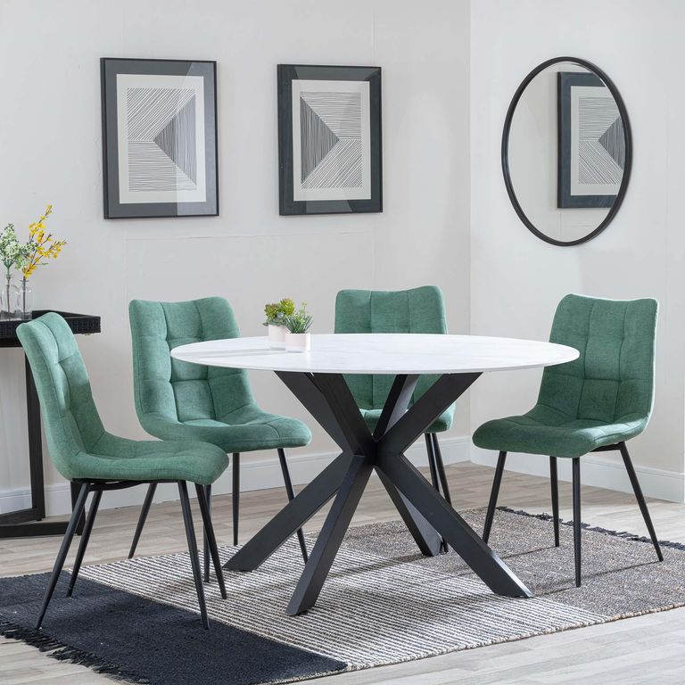 Novara White Ceramic 4 Seater Round Dining Set - 4 Corona Green Fabric Dining Chair