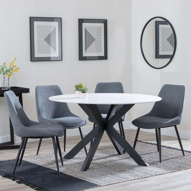 Novara White Ceramic 4 Seater Round Dining Set - 4 Darwin Grey Fabric Dining Chair