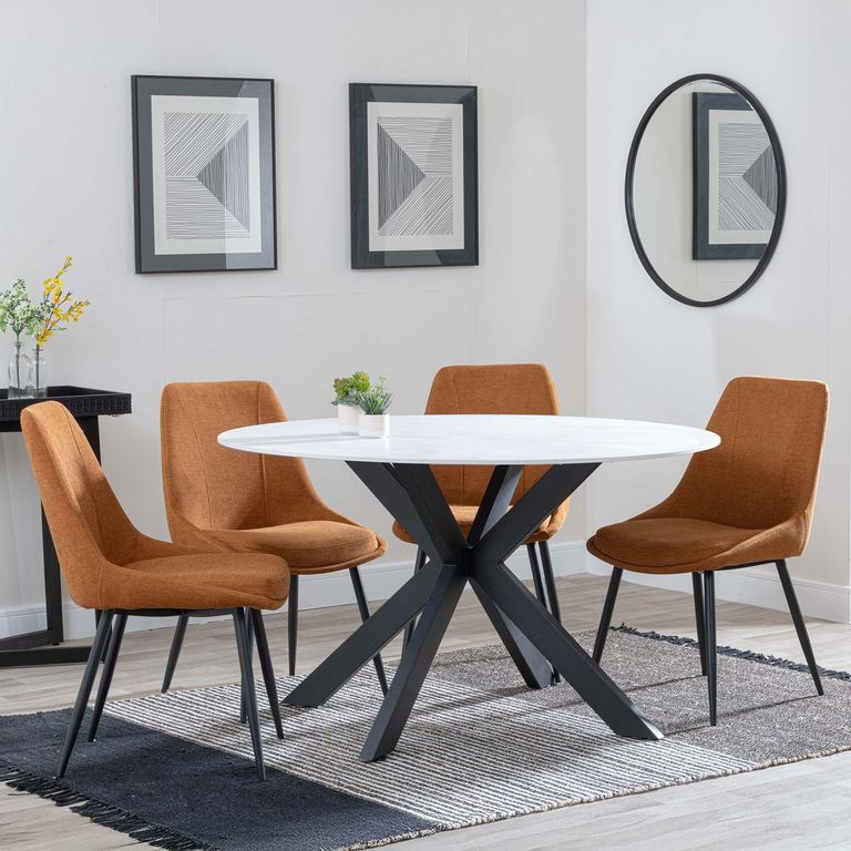 Novara White Ceramic 4 Seater Round Dining Set - 4 Darwin Orange Fabric Dining Chair