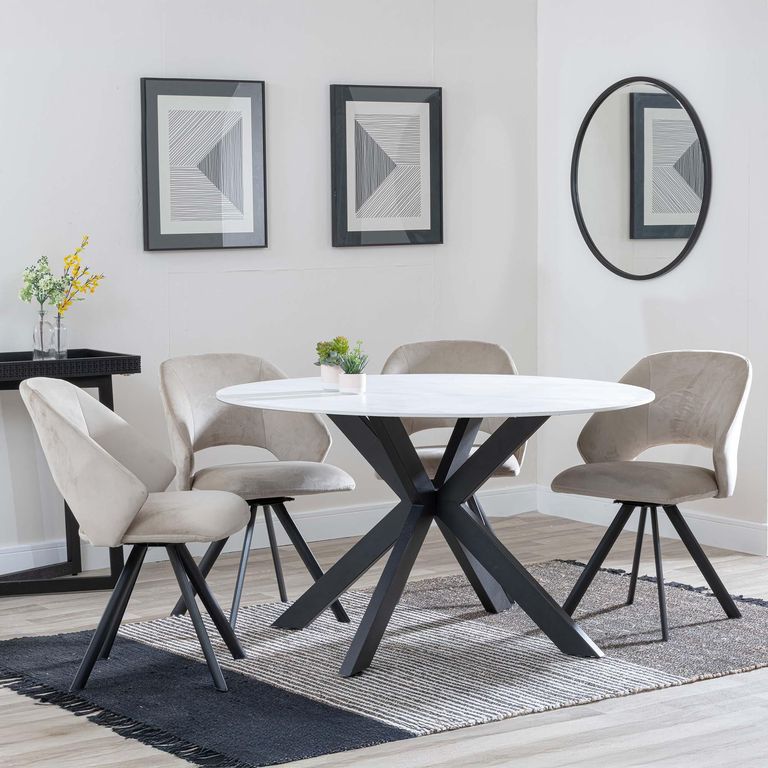 Novara White Ceramic 4 Seater Round Dining Set - 4 Ion Beige Velvet Fabric Swivel Dining Chair