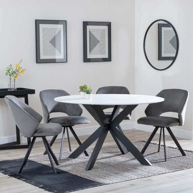 Novara White Ceramic 4 Seater Round Dining Set - 4 Ion Dark Grey Velvet Fabric Swivel Dining Chair