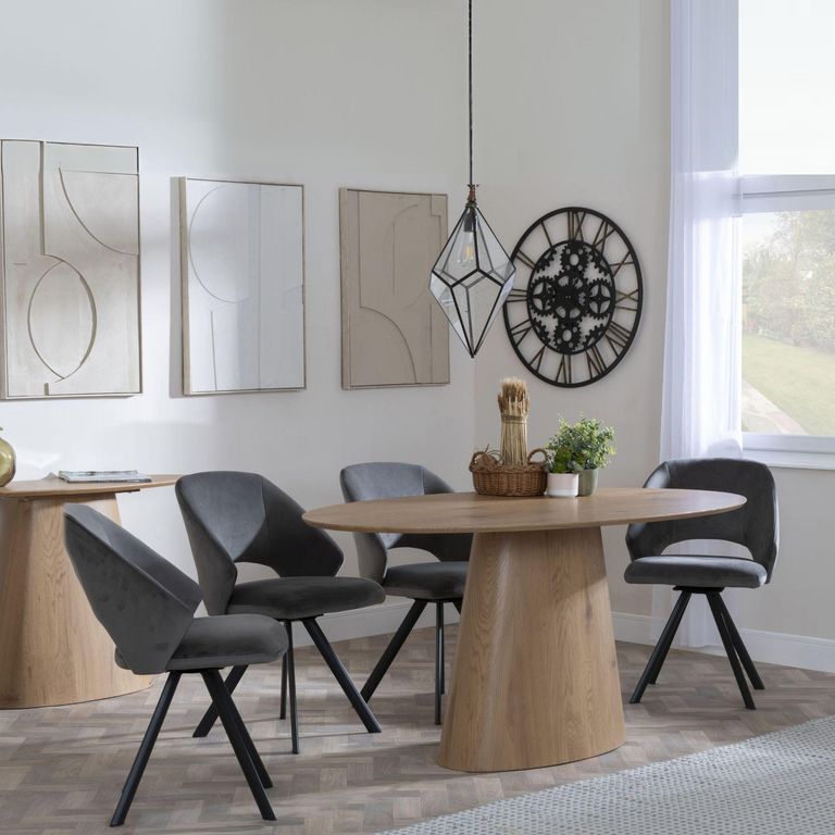 Palma Oak Oval Dining Set - Ion Dark Grey Velvet Fabric Swivel Dining Chair