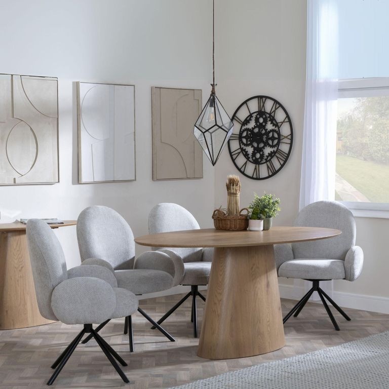 Palma Oak Oval Dining Set - Theo Grey Fabric Swivel Dining Chair