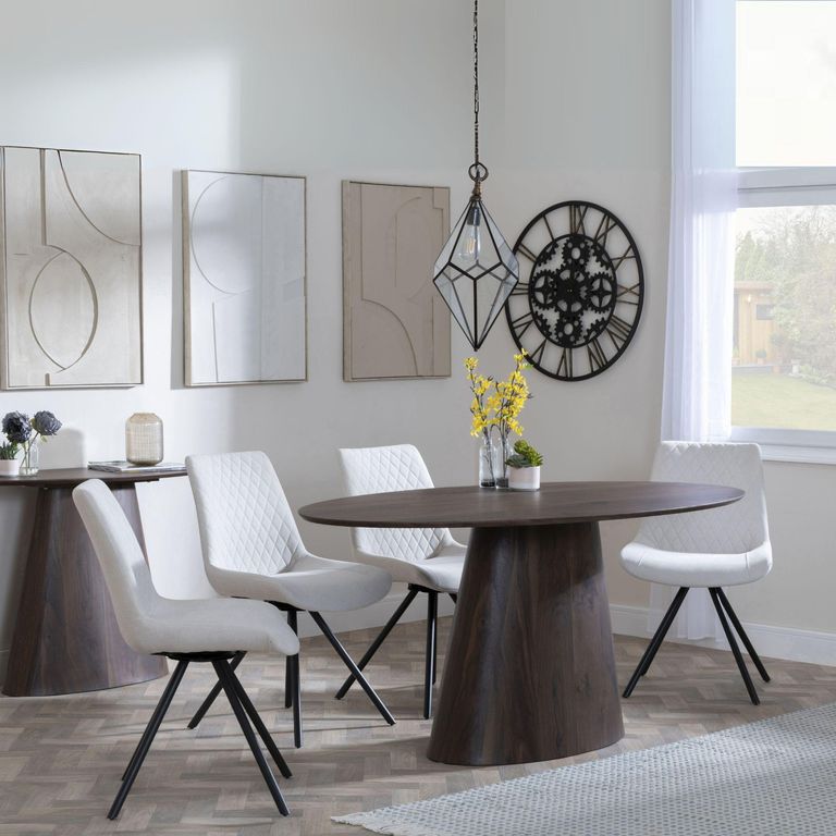 Palma Walnut Oval Dining Set - Boden Cream Fabric Swivel Dining Chair