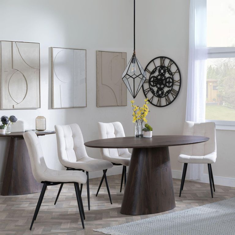 Palma Walnut Oval Dining Set - Corona Beige Fabric Chairs