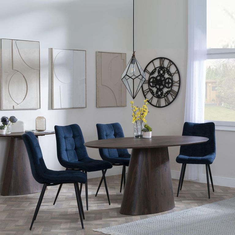 Palma Walnut Oval Dining Set - Corona Blue Fabric Chairs