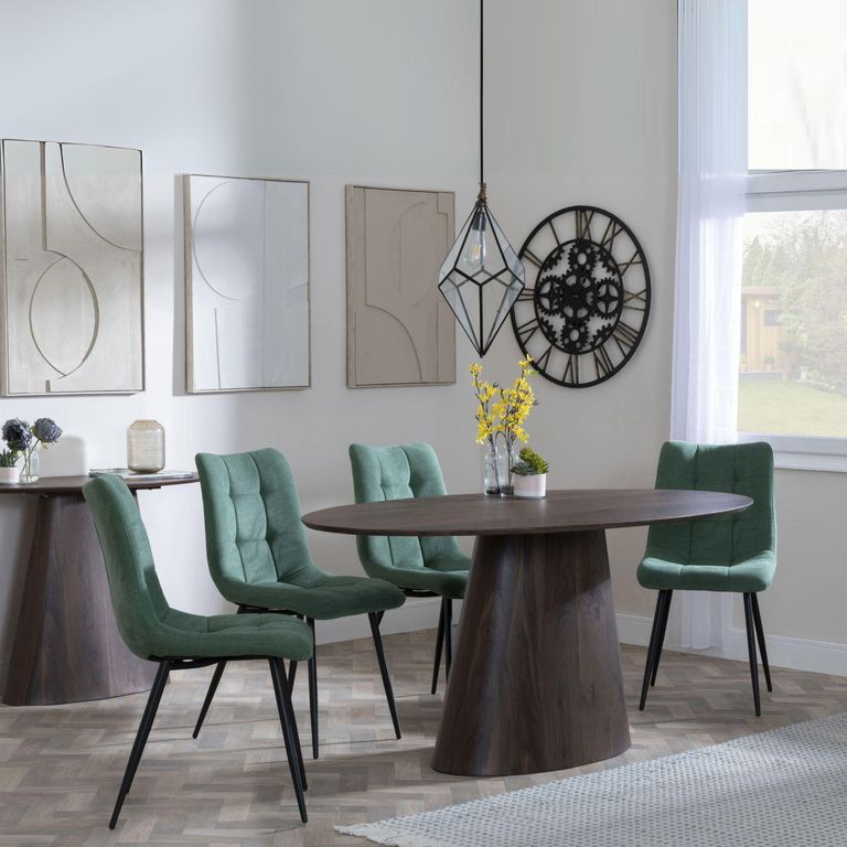 Palma Walnut Oval Dining Set - Corona Green Fabric Chairs