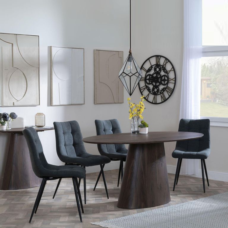 Palma Walnut Oval Dining Set - Corona Light Grey Fabric Chairs
