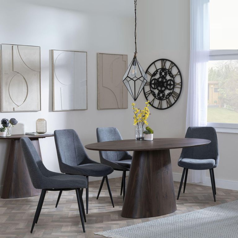 Palma Walnut Oval Dining Set - Darwin Grey Fabric Dining Chair