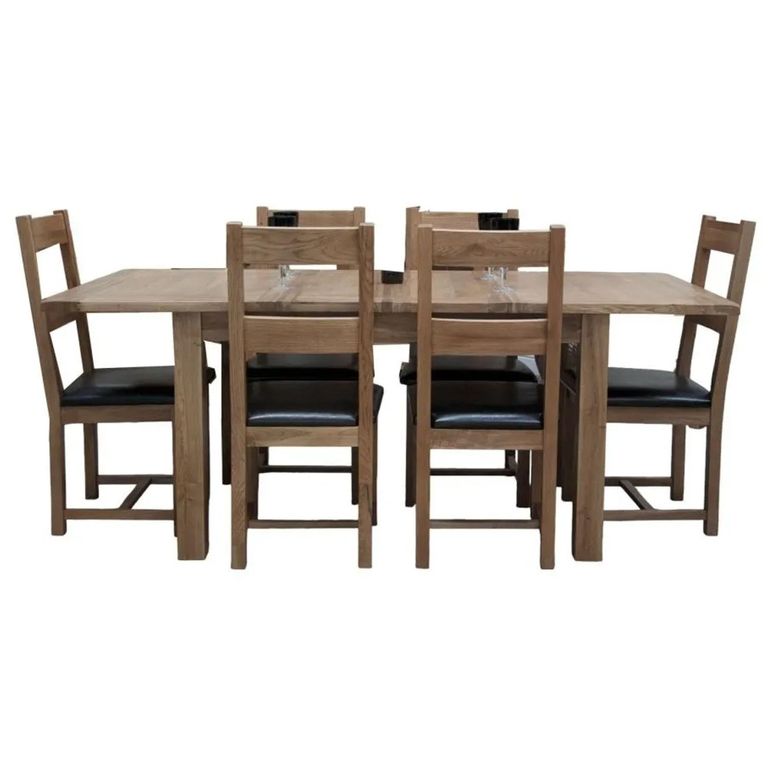 Rustic Oak Extending Dining Set - 132cm-198cm - 4-8 Seater - 6 Rustic Leather Seat Chairs - Oak