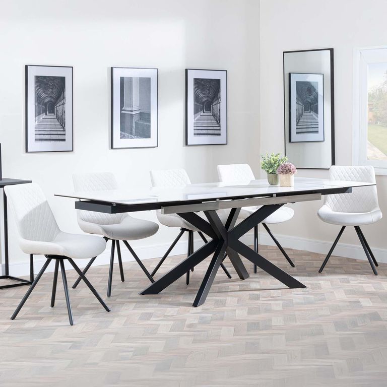 Sutton White Ceramic Extending Dining Set - Boden Cream Fabric Swivel Dining Chair