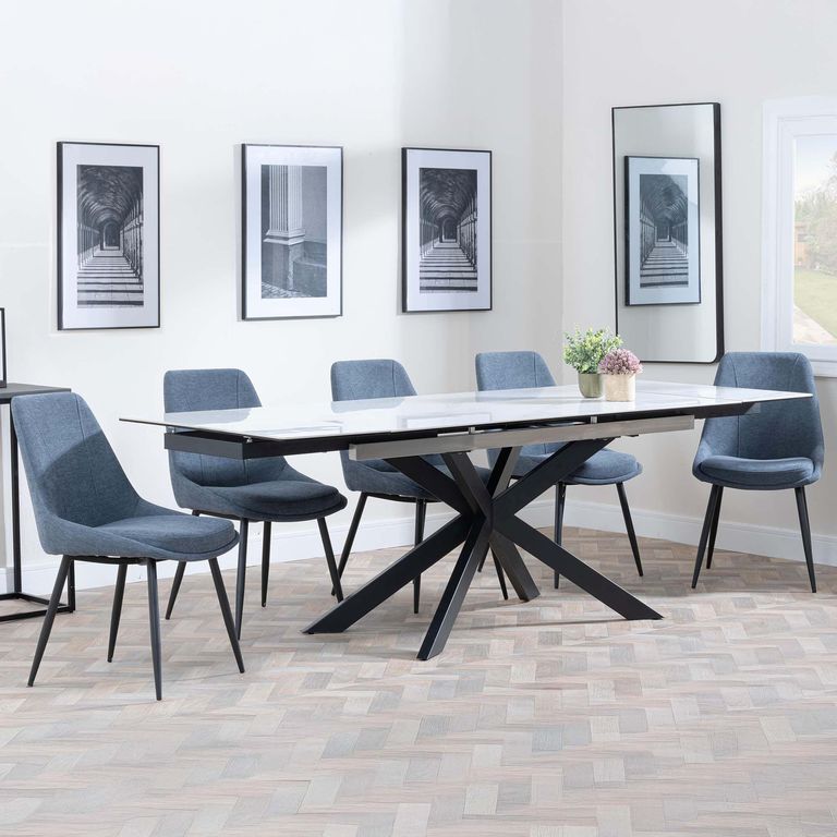 Sutton White Ceramic Extending Dining Set - Darwin Dark Grey Fabric Dining Chair