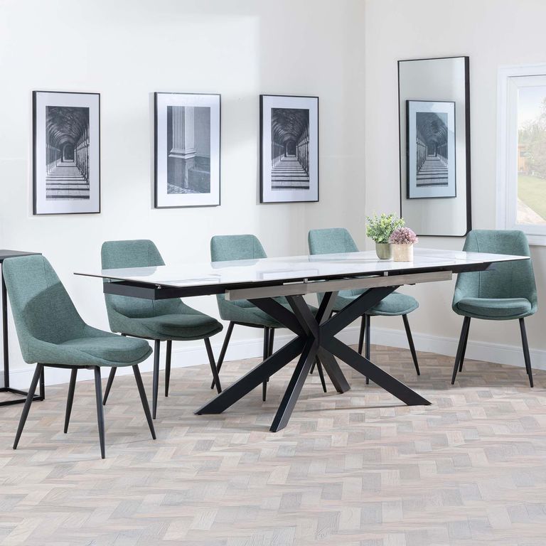 Sutton White Ceramic Extending Dining Set - Darwin Green Fabric Dining Chair