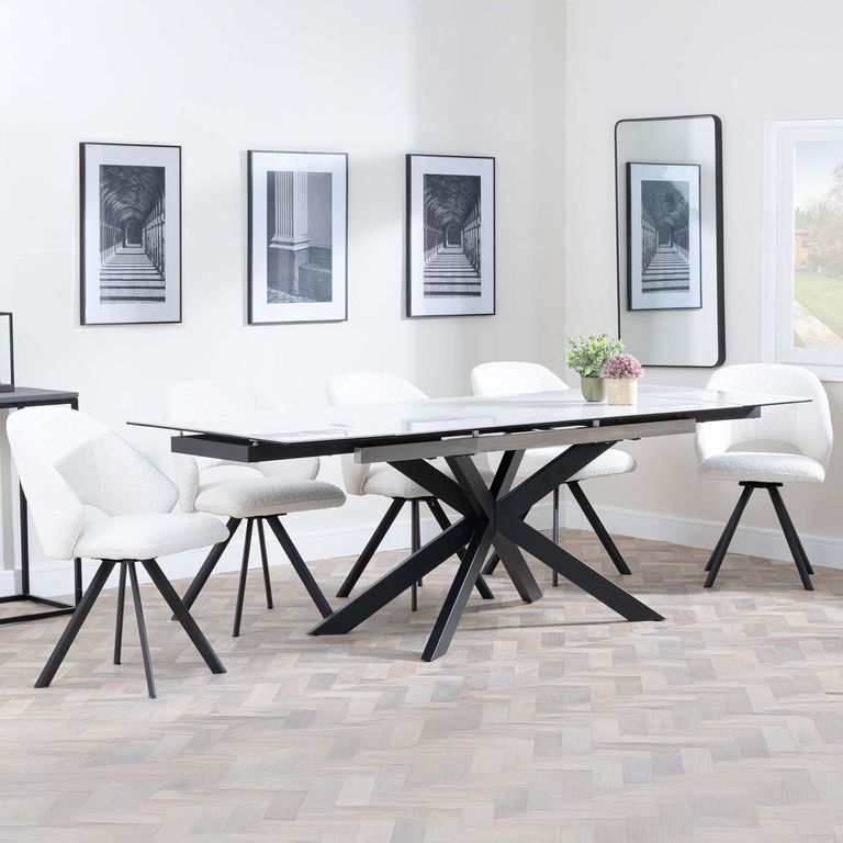 Sutton White Ceramic Extending Dining Set - Ion Cream Boucle Teddy Fabric Swivel Dining Chair