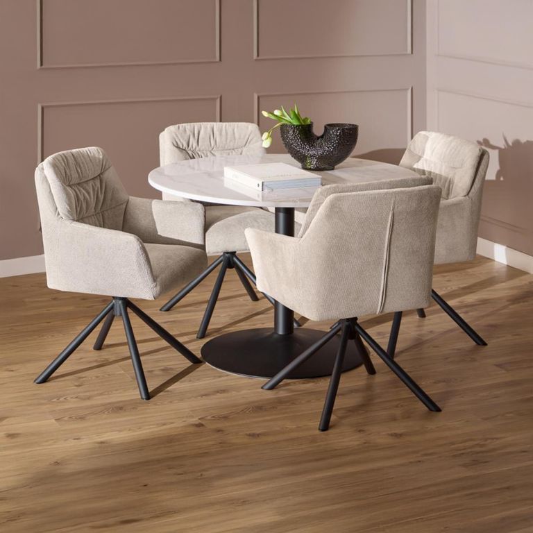 Tarifa Round Dining Set - 4 Seater - 110cm - White Marble - with Alonso Beige Fabric Dining Chair