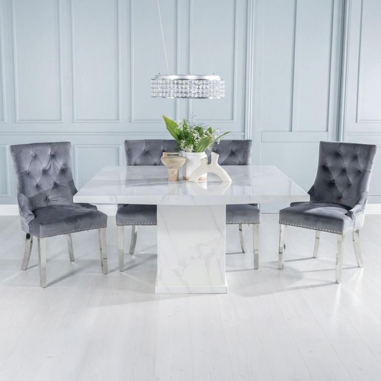 Turin Dining Set - 8 Seater - 140cm - Square - White Marble - Knocker Back Dining Chairs - Grey Fabric - Chrome Legs