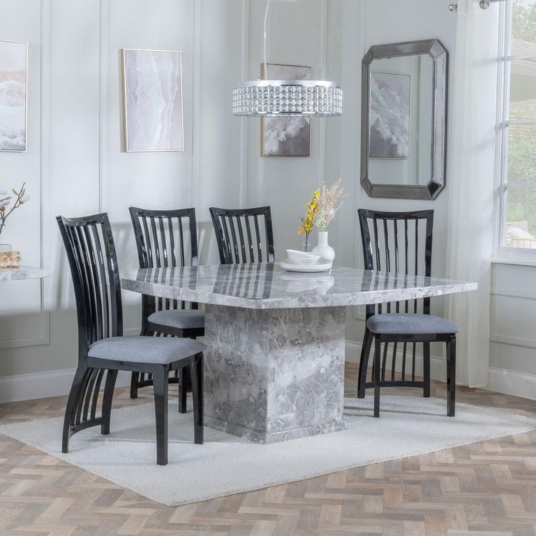 Turin Grey Marble Square Dining Set - Athena Black High Gloss Slatted Back Dining Chair with Grey Seat Pads