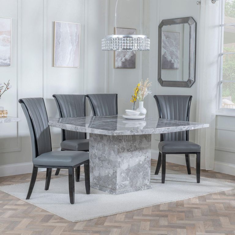Turin Grey Marble Square Dining Set - Cadiz Grey Leather Dining Chair