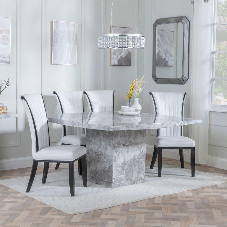 Turin Grey Marble Square Dining Set - Cadiz White Leather Dining Chair