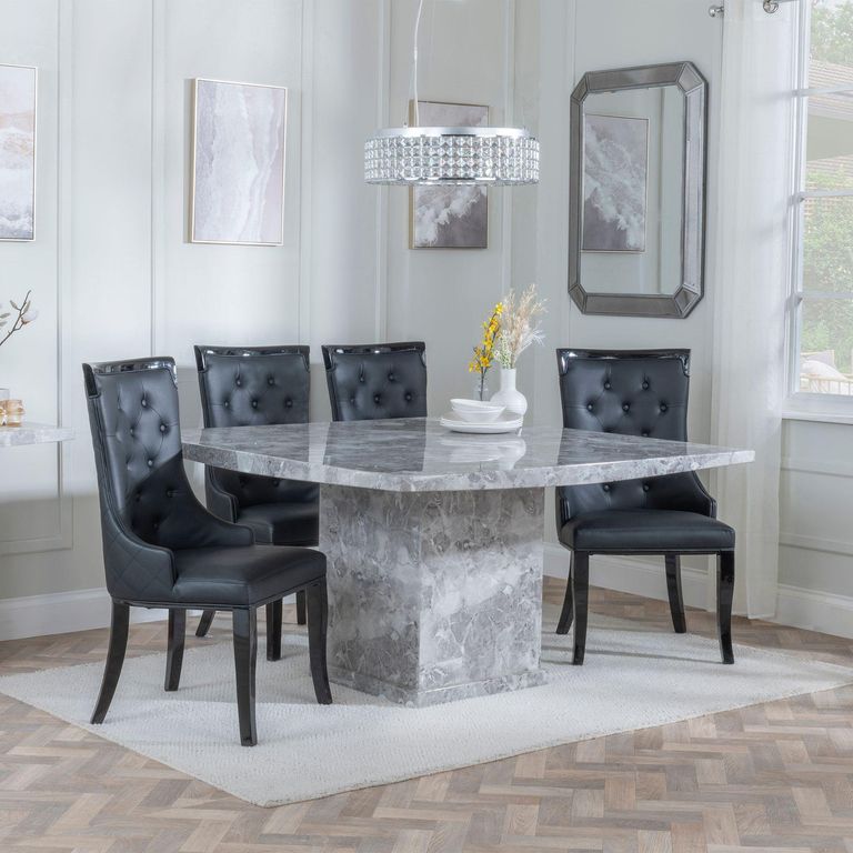 Turin Grey Marble Square Dining Set - Carmela Black Leather Dining Chair