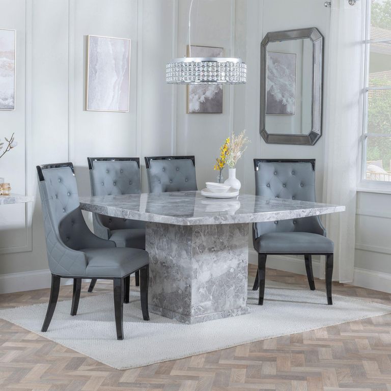 Turin Grey Marble Square Dining Set - Carmela Grey Leather Dining Chair