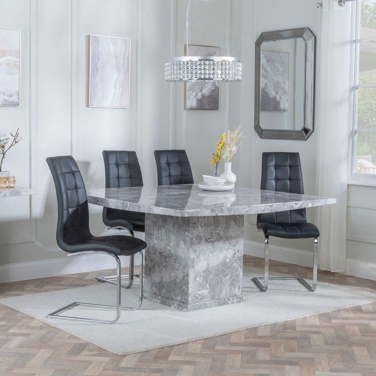 Turin Grey Marble Square Dining Set - Jamison Black Faux Leather Dining Chair