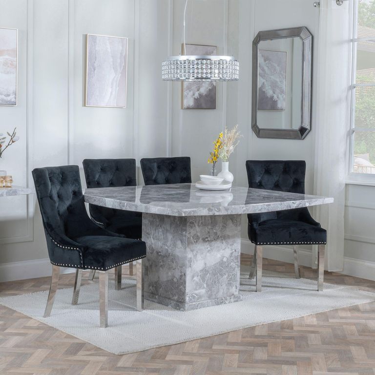 Turin Grey Marble Square Dining Set - Knocker Back Black Velvet Fabric Dining Chair with Chrome Legs