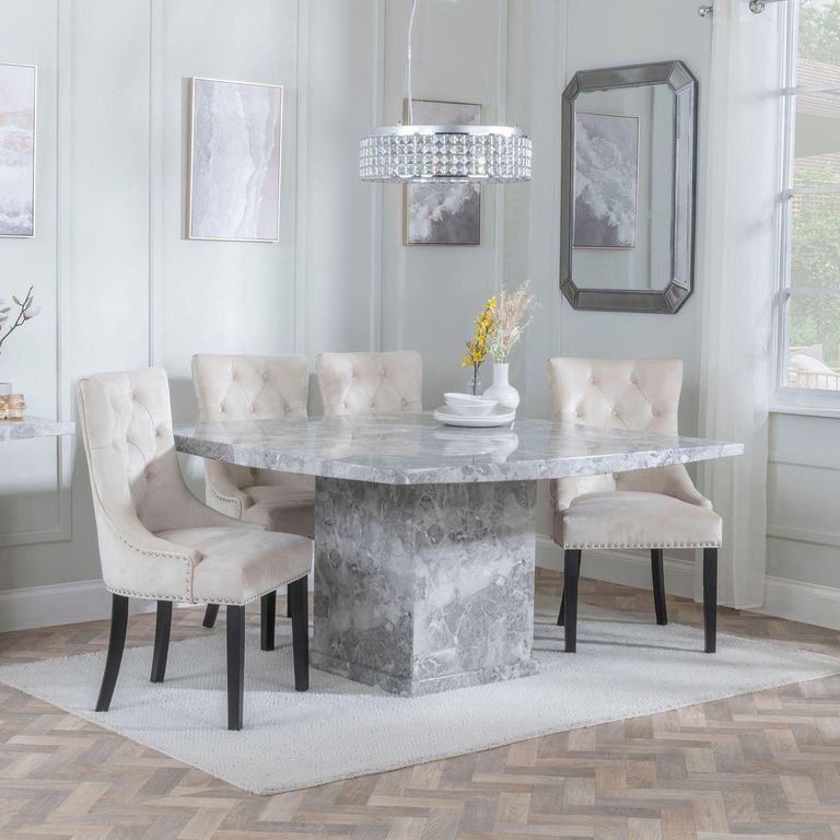 Turin Grey Marble Square Dining Set - Knocker Back Champagne Velvet Fabric Dining Chair with Black Wooden Legs
