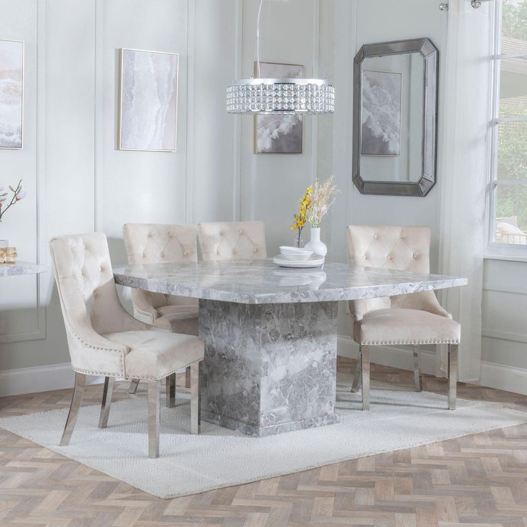 Turin Grey Marble Square Dining Set - Knocker Back Champagne Velvet Fabric Dining Chair with Chrome Legs