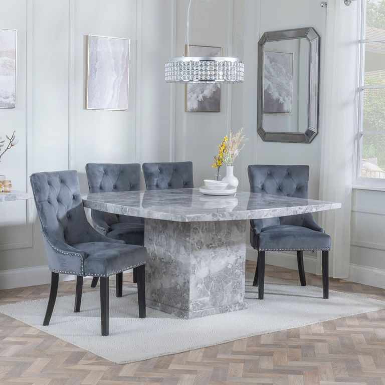 Turin Grey Marble Square Dining Set - Knocker Back Grey Velvet Fabric Dining Chair with Black Wooden Legs