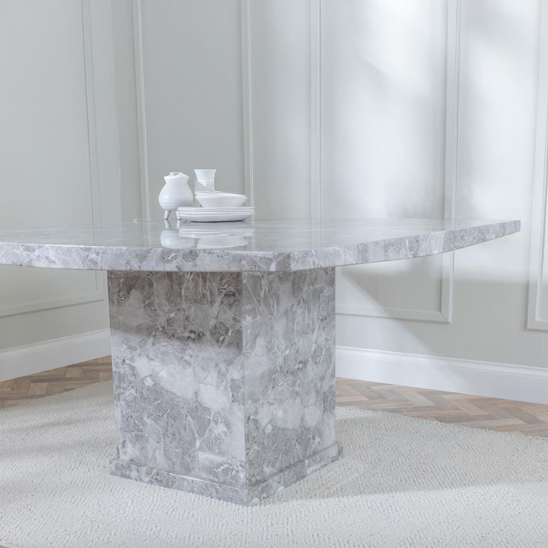 Turin Grey Marble Square Dining Set - Lion Knocker Back Blue Velvet Fabric Dining Chair with Black Wooden Legs