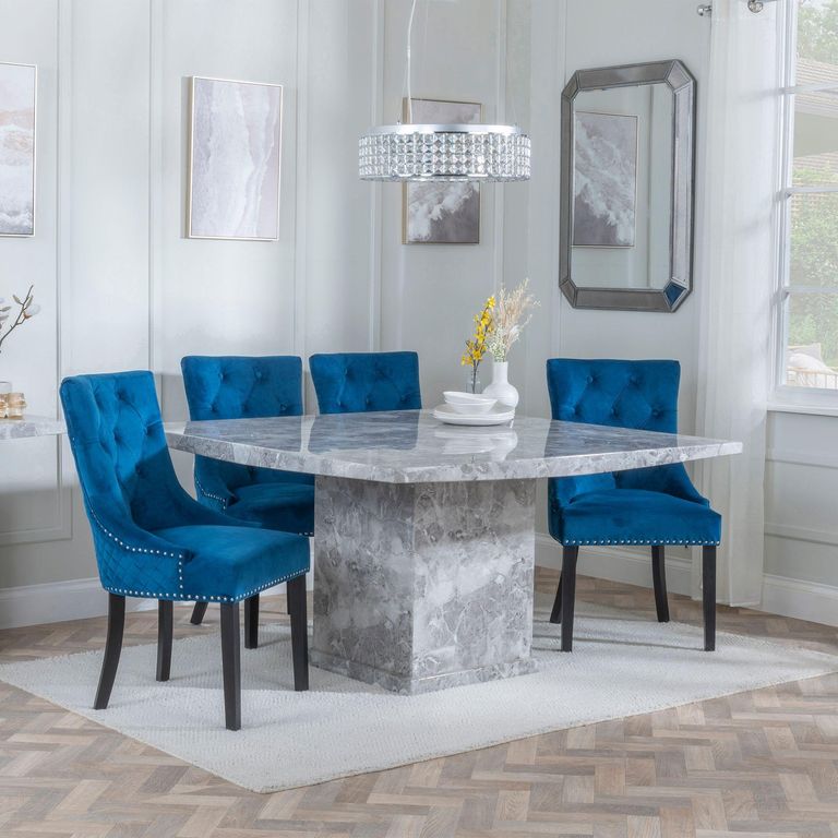 Turin Grey Marble Square Dining Set - Lion Knocker Back Blue Velvet Fabric Dining Chair with Black Wooden Legs