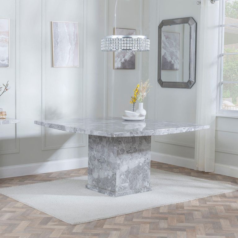 Turin Grey Marble Square Dining Set - Lion Knocker Back Champagne Velvet Fabric Dining Chair with Chrome Legs
